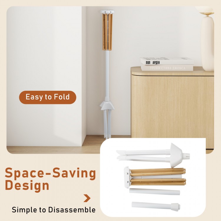 Foldable clothes drying rack with 8 bamboo rods and 40 slots, designed for easy storage and stable support.
