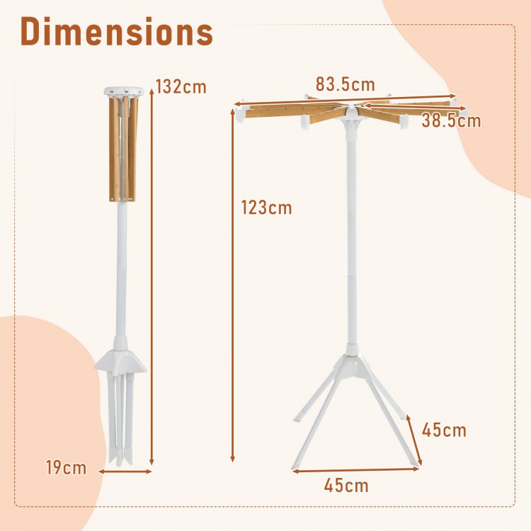 Foldable clothes drying rack with 8 bamboo rods, 4 legs for stability, and dimensions for easy storage and use.