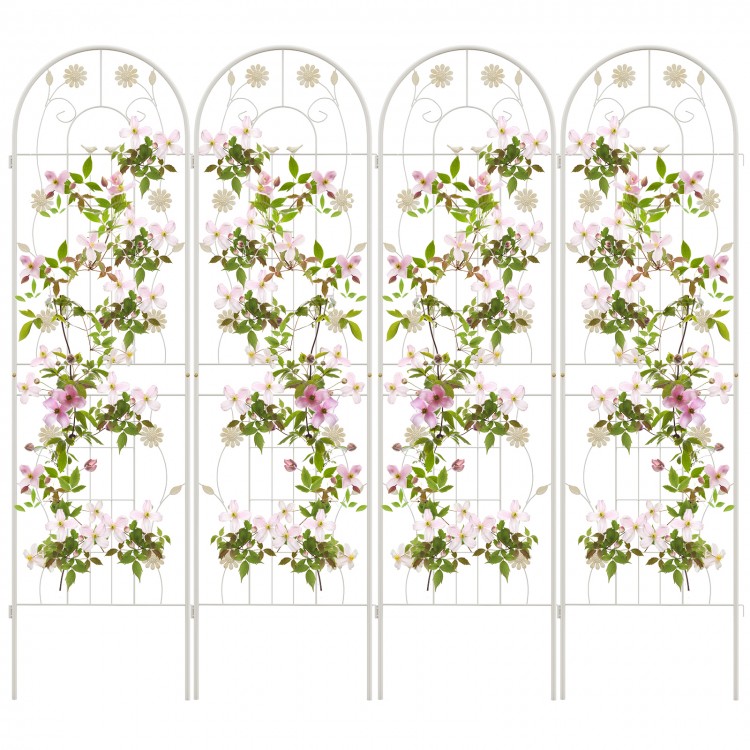 Metal garden trellis set featuring floral patterns, ideal for climbing plants, measuring 71 x 20 inches, in white.