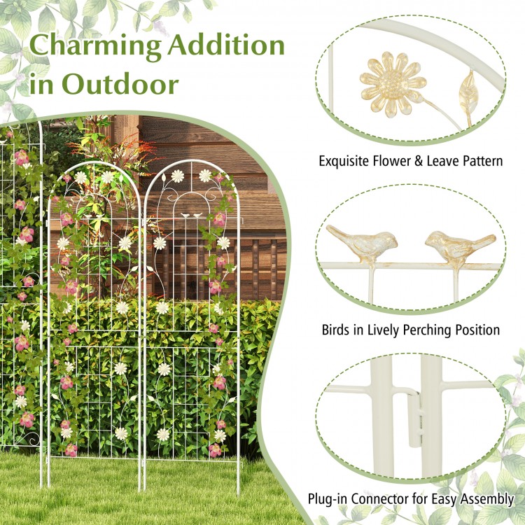 White metal garden trellis with flower and leaf pattern, featuring birds, ideal for climbing plants and outdoor.
