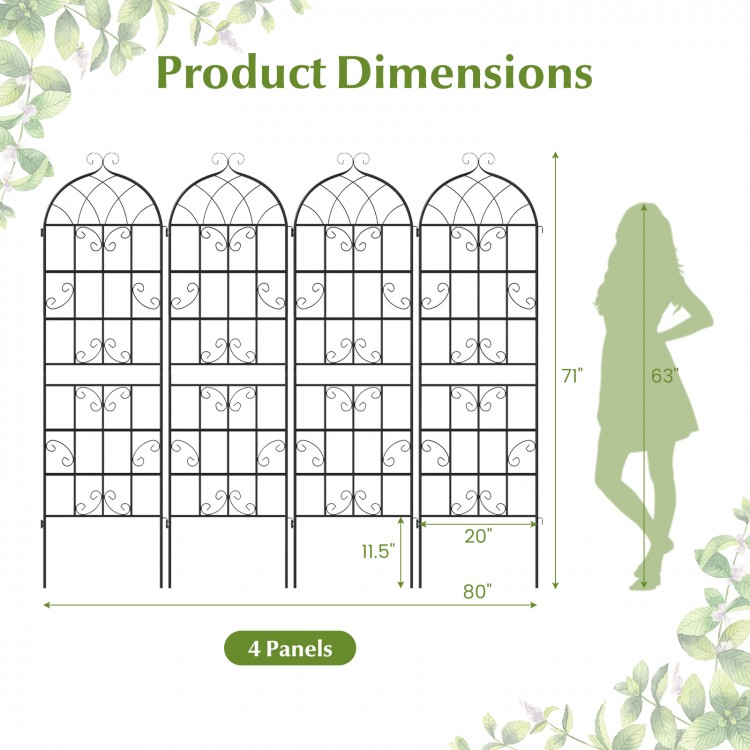 Four-panel metal garden trellis measuring 71" x 20", perfect for supporting climbing plants in outdoor settings.