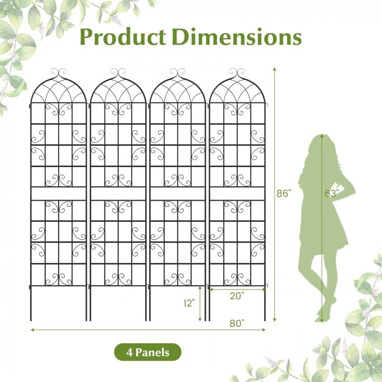 Four-panel metal garden trellis, 86" x 20", ideal for climbing plants, featuring a decorative vine design for outdoor.