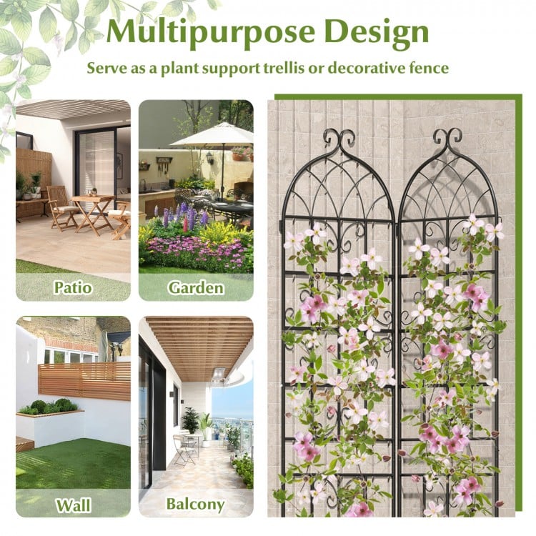 Metal garden trellis set for climbing plants, 86" x 20", sturdy, rustproof, ideal for patios, gardens, and balconies.