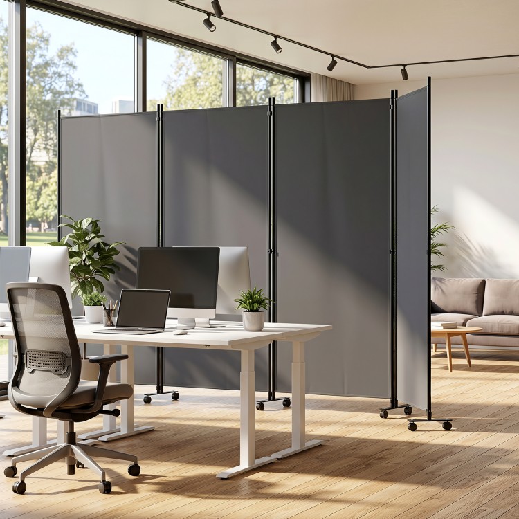 Four-panel gray folding privacy screen room divider with wheels, ideal for flexible space arrangements and enhanced privacy.