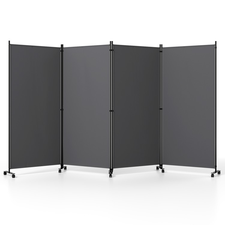 Four-panel gray folding privacy screen room divider with wheels, ideal for living rooms and bedrooms, offers enhanced privacy.