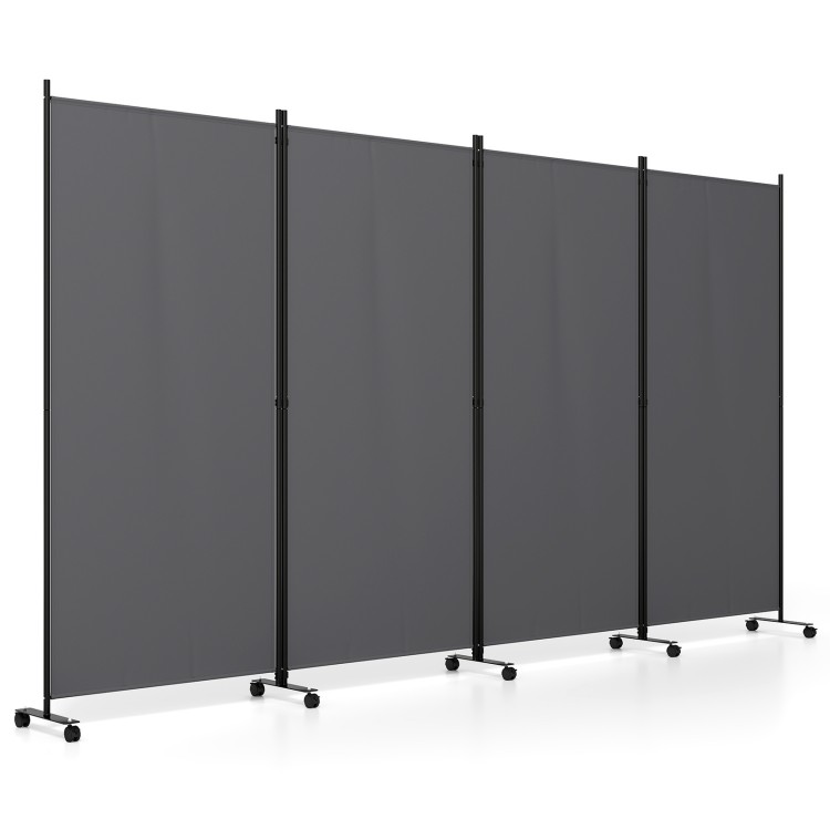 Four-panel gray folding privacy screen room divider with wheels, ideal for versatile use in living spaces and restaurants.