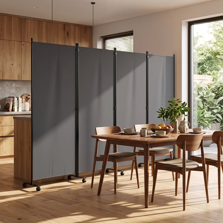 Four-panel gray folding privacy screen room divider on wheels, ideal for living spaces and easy to store when not in use.