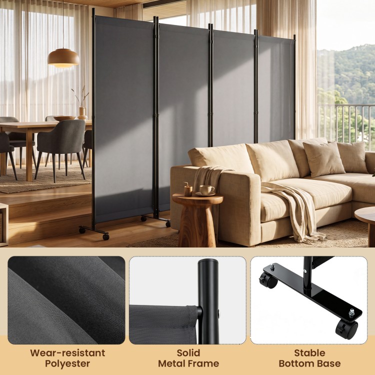 Gray 4-panel folding privacy screen room divider with wheels, made of wear-resistant polyester and a solid metal frame for stability.