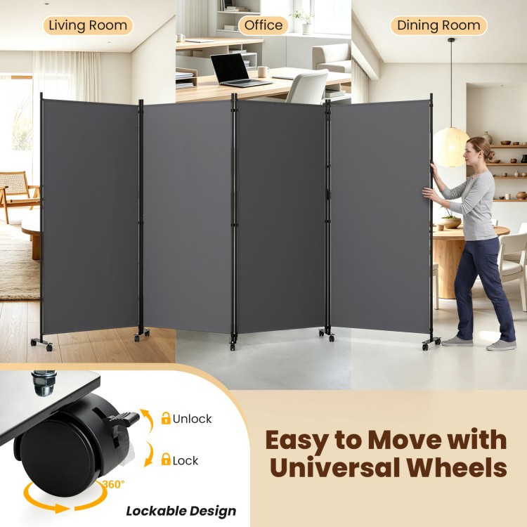 Four-panel gray folding privacy screen room divider with wheels, ideal for living room or office use, offers enhanced privacy.