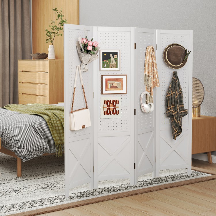 4-panel white pegboard display stand room divider with solid wood frame, ideal for home or commercial use.