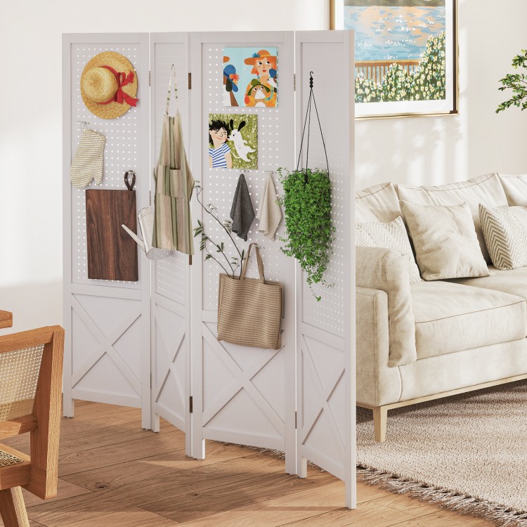 4-panel folding room divider with solid wood frame in white, featuring pegboard for versatile display and space-saving.