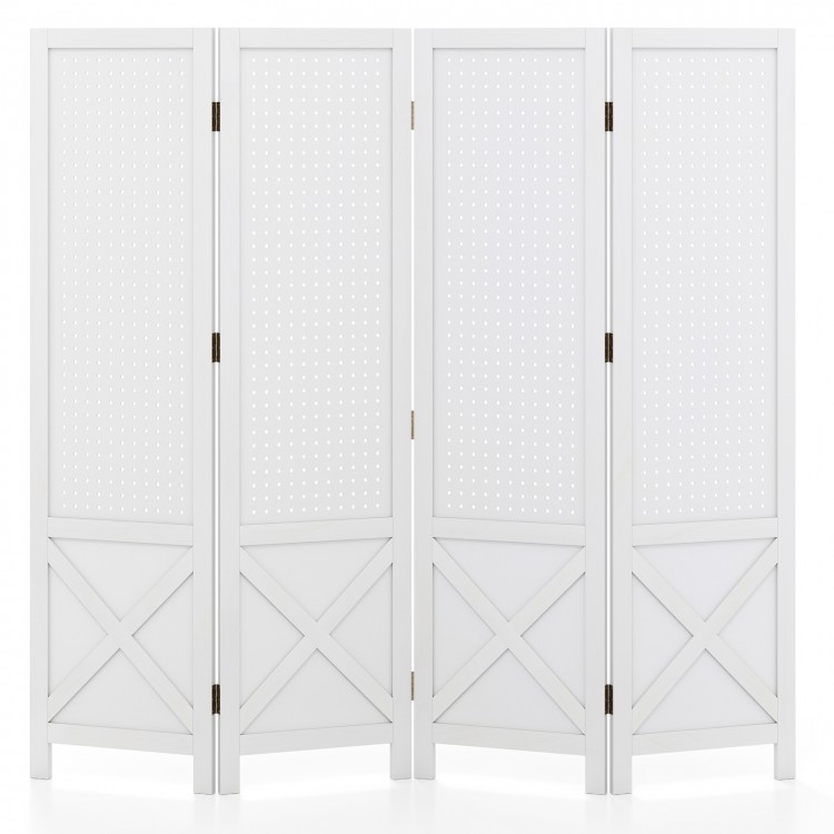 Four-panel white room divider with pegboard design, solid wood frame, ideal for home and commercial display needs.
