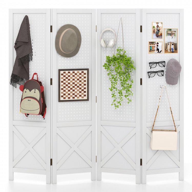 4-panel white pegboard display stand with solid wood frame, ideal for room division and versatile exhibition use.