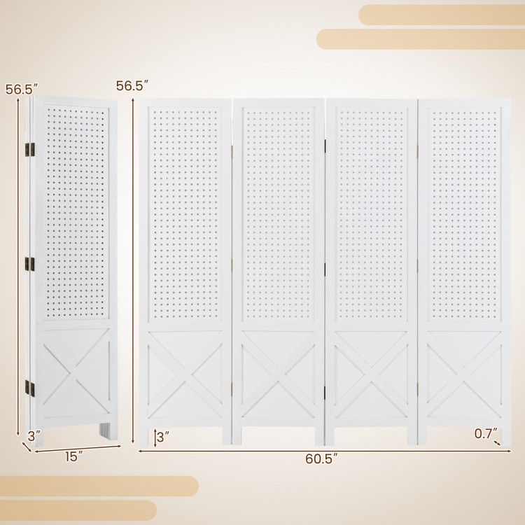 4-panel white folding room divider with pegboard design, solid wood frame, ideal for home or commercial display use.