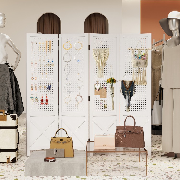 4-panel white pegboard display stand with solid wood frame, ideal for room division and showcasing accessories.