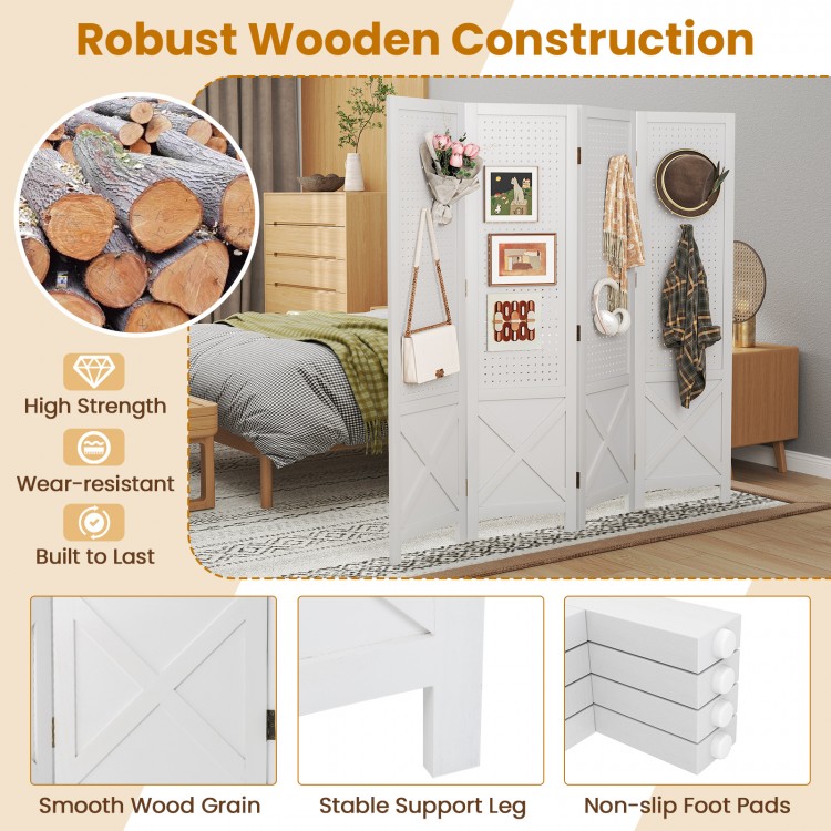 4-panel white folding room divider with solid wood frame, smooth wood grain, and non-slip foot pads for versatile.