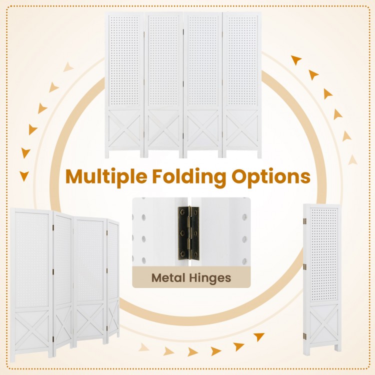 4-panel white folding room divider with solid wood frame and metal hinges, ideal for home or commercial display use.