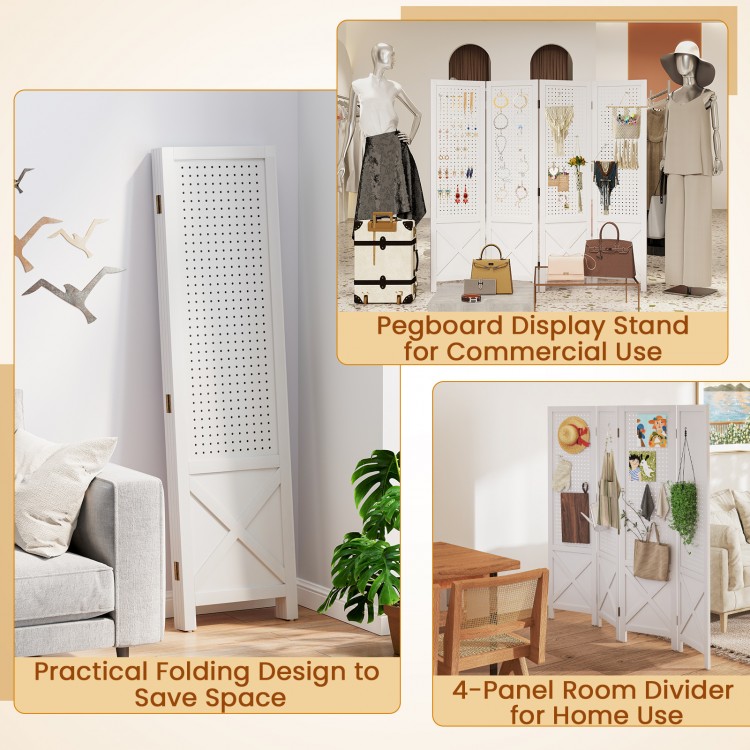 4-panel pegboard display stand in white, featuring a solid wood frame, ideal for home use or commercial exhibitions.