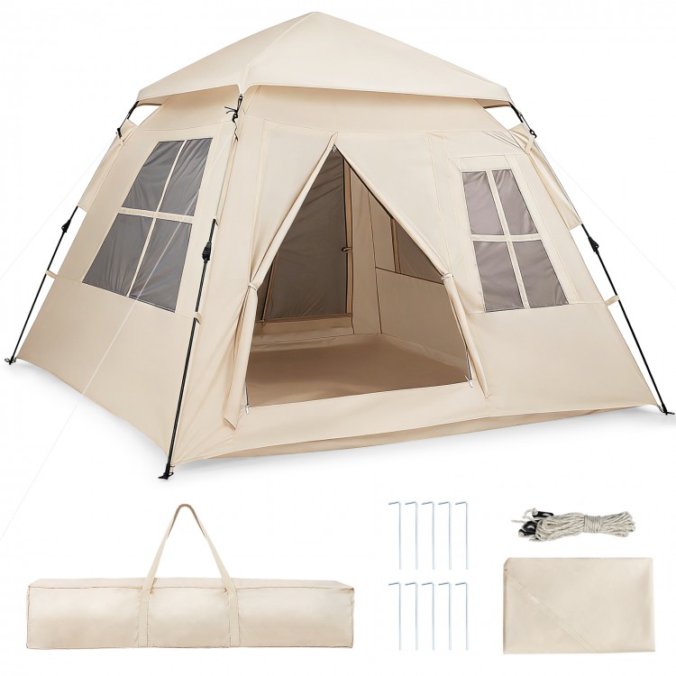 4-person camping tent with automatic setup, rainfly, and dual doors for easy access, perfect for outdoor adventures.