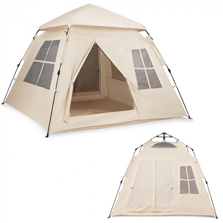 4-person camping tent with automatic setup, rainfly, and dual doors for easy access and ventilation.