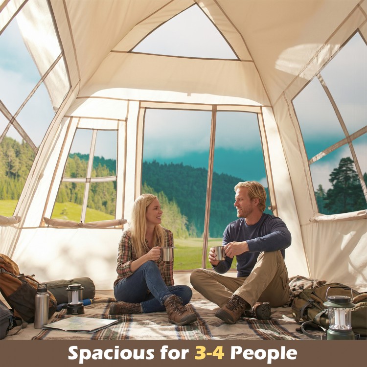 Spacious 4-person camping tent with automatic setup, featuring 2 doors, rainfly, and breathable mesh windows.