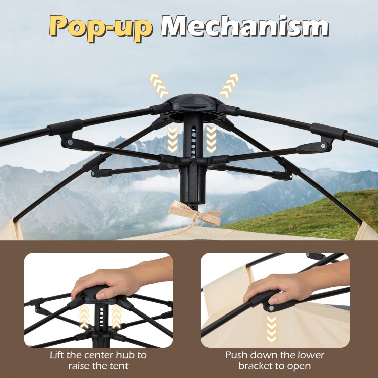 Pop-up mechanism of a 4-person camping tent with automatic setup, featuring a center hub and lower bracket for easy.