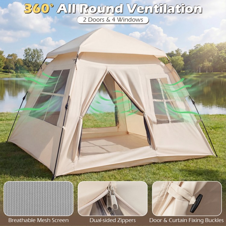 4-person camping tent with 2 doors, 4 windows, and breathable mesh for 360° ventilation, featuring easy setup and.