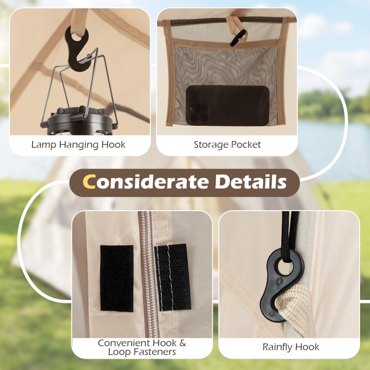 Detail view of the 4-person camping tent features lamp hanging hook, storage pocket, and convenient hook & loop.