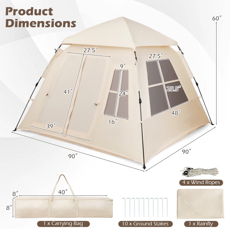 4-person camping tent with automatic setup, rainfly, and dual doors, featuring breathable mesh windows for ventilation.