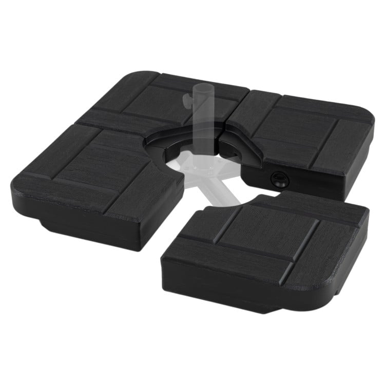 Heavy-duty black 4-piece patio umbrella base with realistic wood-grain finish, designed for 9-10 ft offset umbrellas.