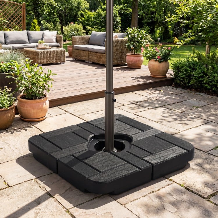Heavy-duty black cantilever umbrella base with realistic wood-grain finish, designed for 9-10 ft patio umbrellas.