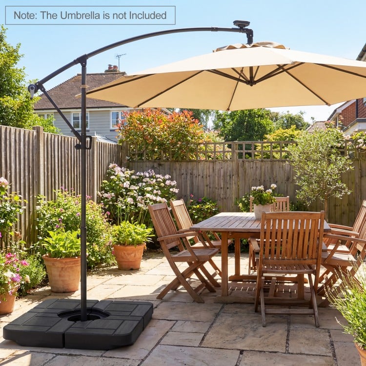 Cantilever offset patio umbrella base with realistic wood-grain finish, designed for stability and easy filling.