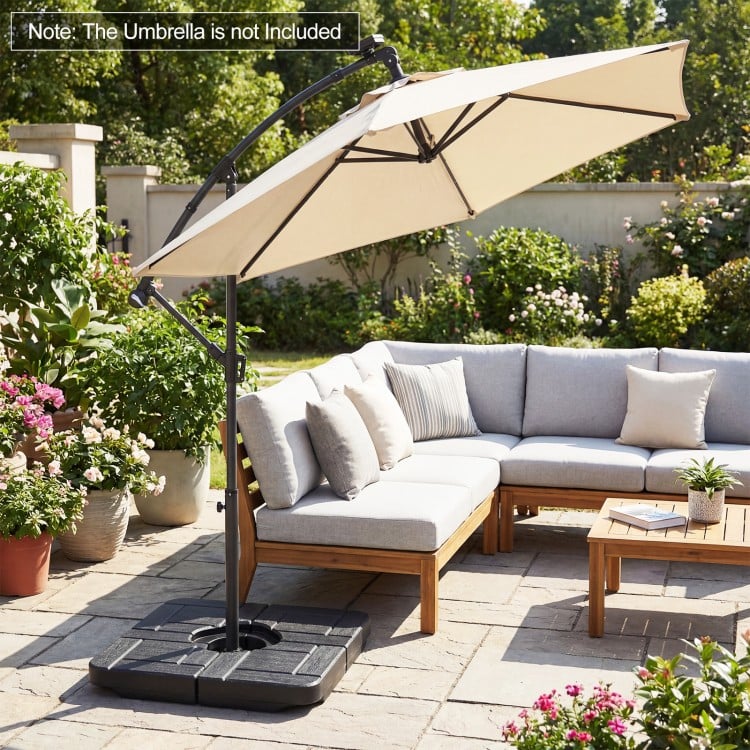 Cantilever offset patio umbrella base in black, designed for stability with a realistic wood-grain finish, fits 9-10 ft.
