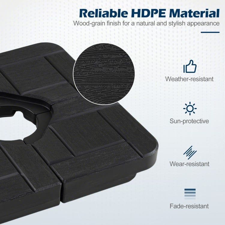 Heavy-duty black HDPE patio umbrella base with wood-grain finish, designed for stability and easy filling.