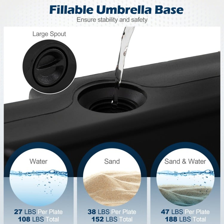 Fillable umbrella base with large spouts, designed for 188 lbs stability, suitable for 9-10 ft offset patio umbrellas.