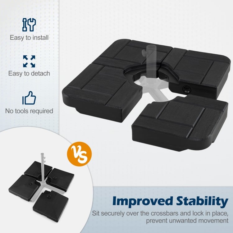 4-piece black cantilever umbrella base with realistic wood-grain finish, designed for 9-10 ft umbrellas, easy tool-free.