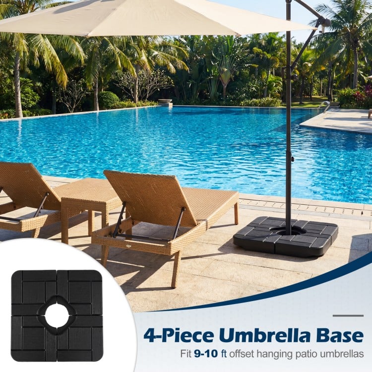 4-piece black patio umbrella base with realistic wood-grain finish, designed for 9-10 ft offset umbrellas, ensuring.