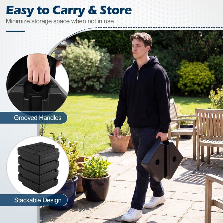 4-piece black cantilever patio umbrella base with grooved handles, stackable design, and durable HDPE construction.