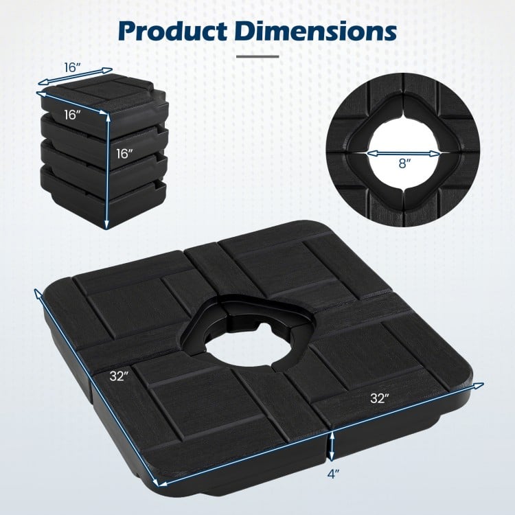 Stacked 4-piece black patio umbrella base with dimensions, designed for 9-10 ft offset umbrellas, ensuring stability.