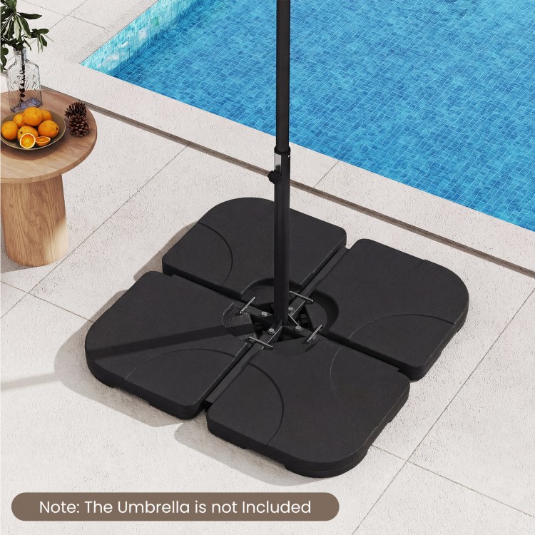 Heavy-duty black square umbrella base with four plates, designed for stability and easy storage for offset umbrellas.