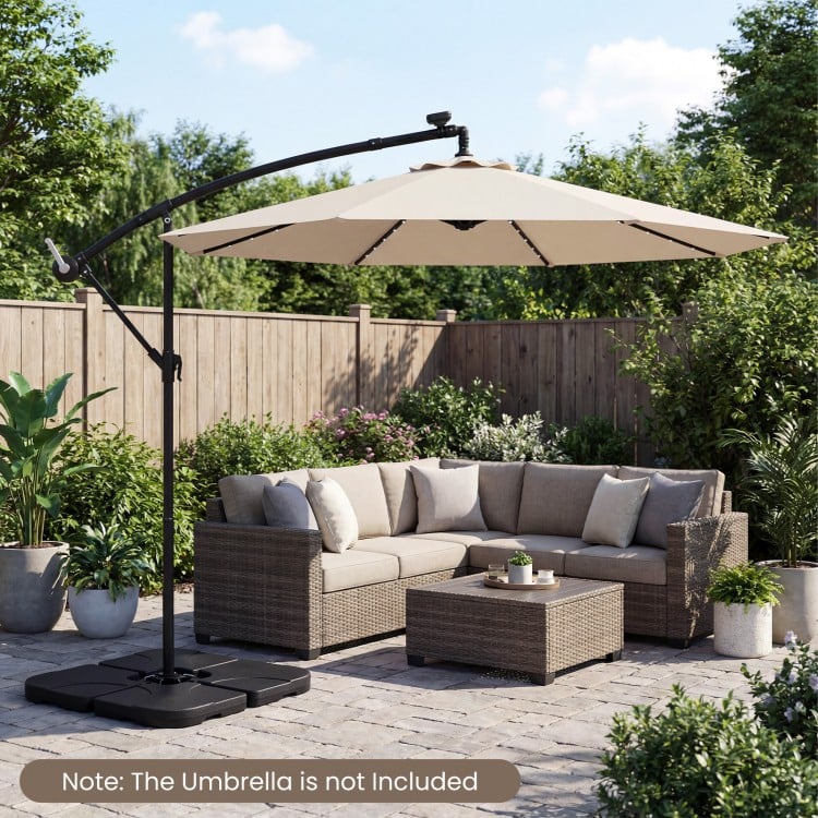 Heavy-duty 4-piece cantilever umbrella base with U-locking pins, designed for stability and weather resistance.