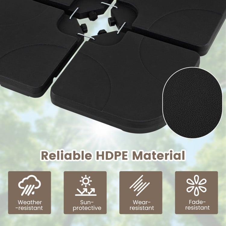 4-piece heavy-duty square base plates in black, made of weather-resistant HDPE, designed for 9-10 ft offset umbrellas.