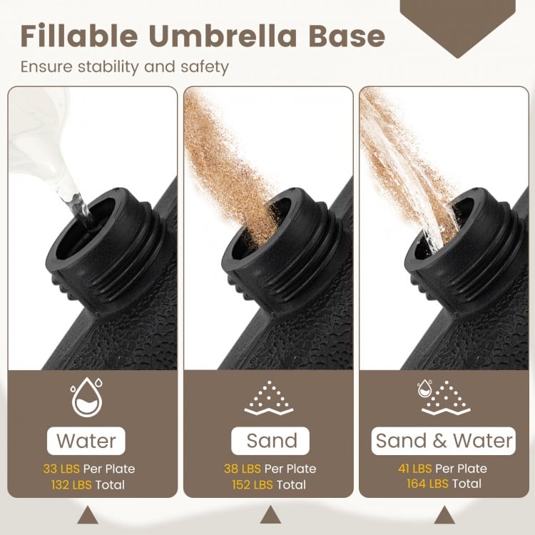 Fillable umbrella base plates showing water, sand, and combined filling options for 164 lbs stability and safety.
