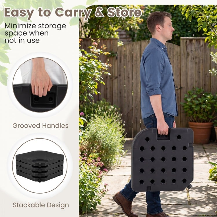 Heavy-duty black cantilever umbrella base plates with grooved handles, stackable design for easy storage and stability.