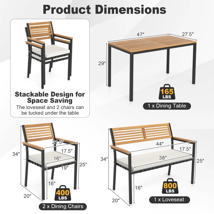 4-piece outdoor dining chair set featuring natural acacia wood, stackable chairs, and a sturdy metal frame for patio.