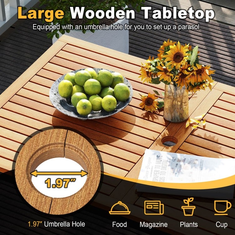 Large wooden tabletop with a 1.97" umbrella hole, ideal for outdoor dining and relaxation in gardens or by the pool.