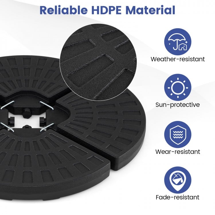 4 interlocking plates of a 140 lbs patio umbrella base, made of weather-resistant HDPE for stability and easy setup.