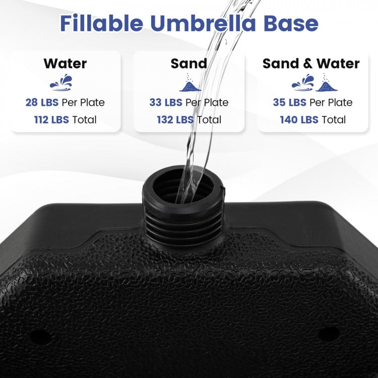 Close-up of the fillable spout on the 4-piece patio umbrella base, designed for stability with up to 140 lbs capacity.