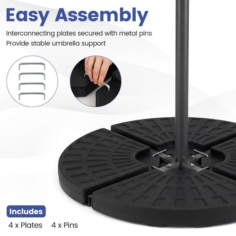 4 interlocking plates of the 140 lbs patio umbrella base with U-locking pins for stability and easy assembly.