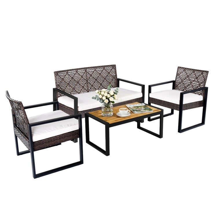4-piece patio set featuring wicker chairs and an acacia coffee table, perfect for backyard relaxation and outdoor.